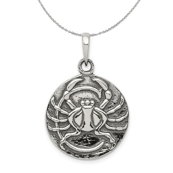 Silver Cancer the Crab Zodiac Embossed Circle Necklace - 20 In